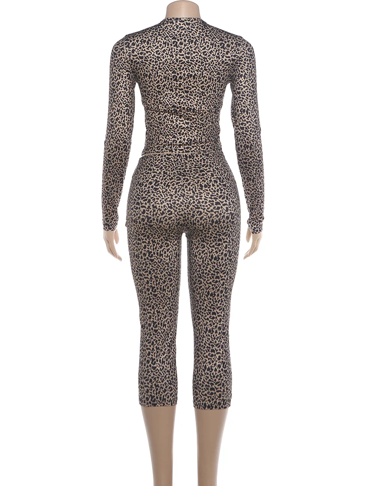 Weird Puss Leopardenmuster 2-teiliges Set für Damen, einreihig, O-Ausschnitt, langärmeliges Crop-Top + elastische Taille, eng anliegendes kurzes Street-Anzug-Set – Detail 5