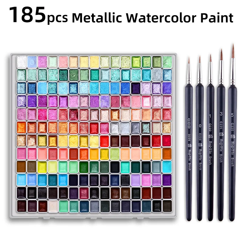 

Набор акварельных красок с жемчужным блеском, 185 шт. – 100 цветов с 5 кистями для детализации, набор металлических переливающихся твердых красок для скетчинга