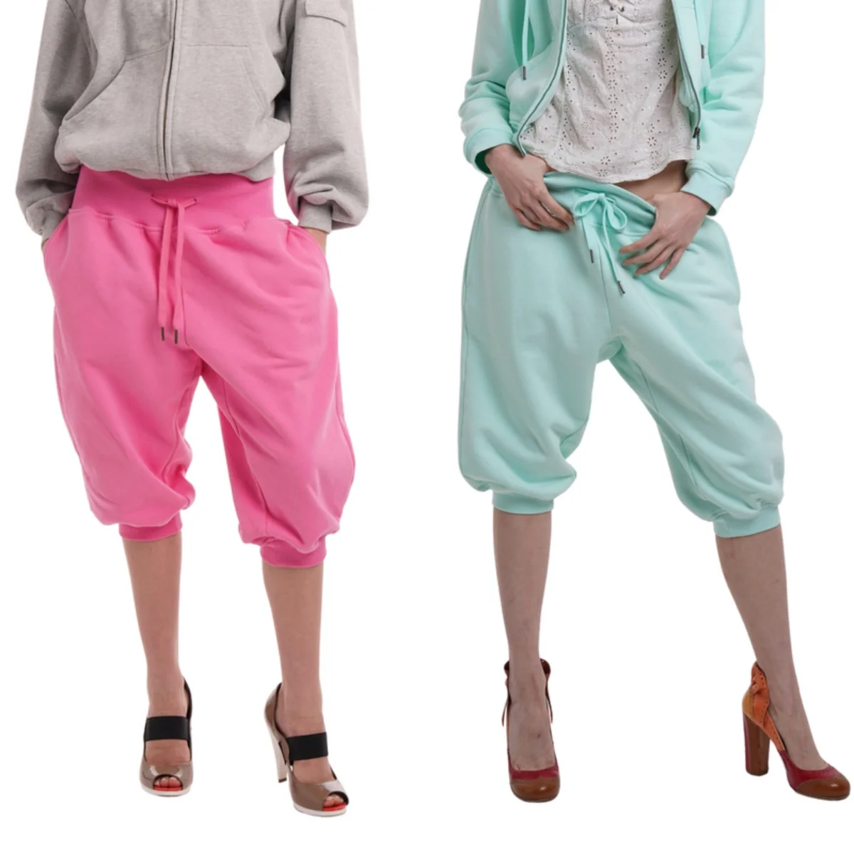 Nh Pink Washed Vintage Wide-Waist Drawstring Five-Point Sweatpants, Mint Green Loose-Fitting Jogger Shorts, Drawstring Waist with Side Pockets, Loose-Fitting Slimming Jogger Mid-Length Pants, Wide-Leg Five-Point Casual Pants