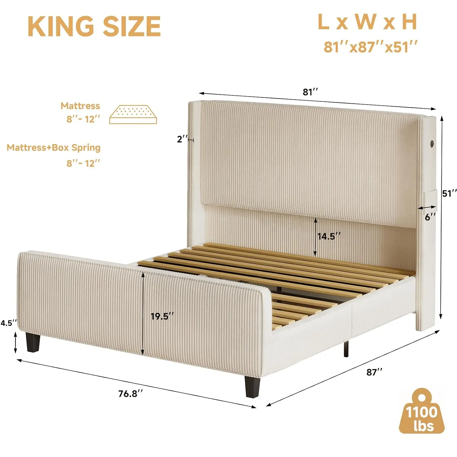 King Size Upholstered Bed Frame Tall Wingback Headboard Footboard USB Ports Easy Assembly Beige, Customized