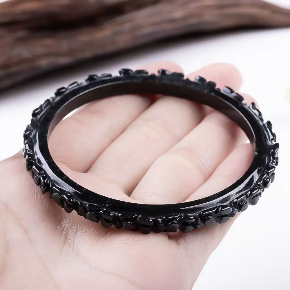 

Natural Black Myanmar Jadeite Flower Bangle Designer Bracelet Luxury Charm Jewelry Real Jade Talismans Fashion Gifts for Women