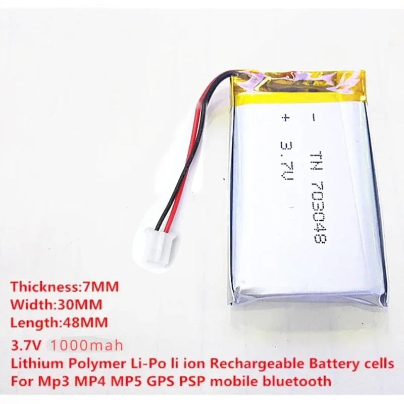 Batterie aste au lithium polymère avec prise PH 703048, machine d'éducation précoce, soins de beauté, MP4, 5, 1000mAh, 3.7V, 2.0