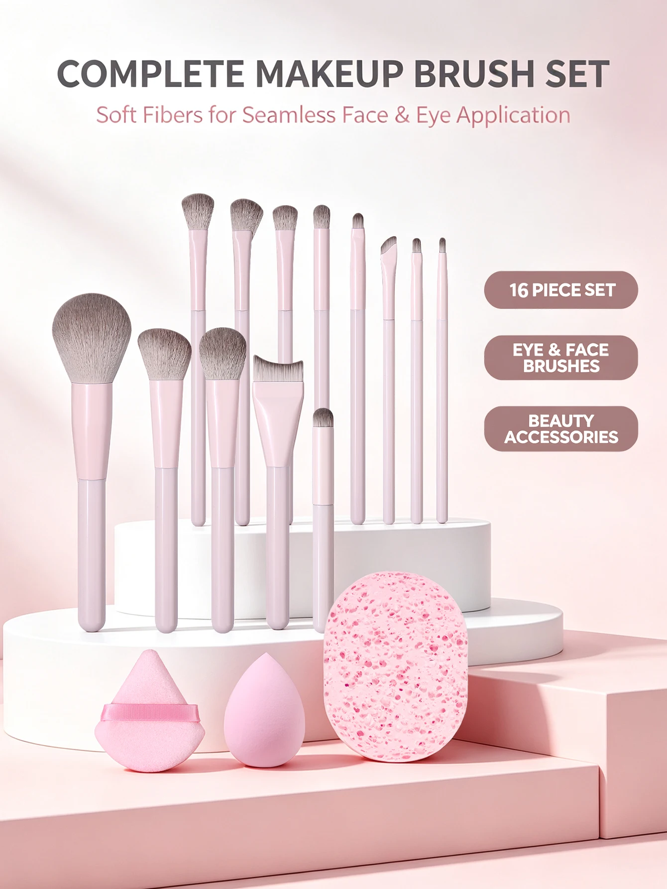 16Pcs Makeup Brush Set Soft Synthetic Hair Foundation Blush Eyeshadow Contour Brushes with Makeup Sponge Powder Puff Beauty Tool