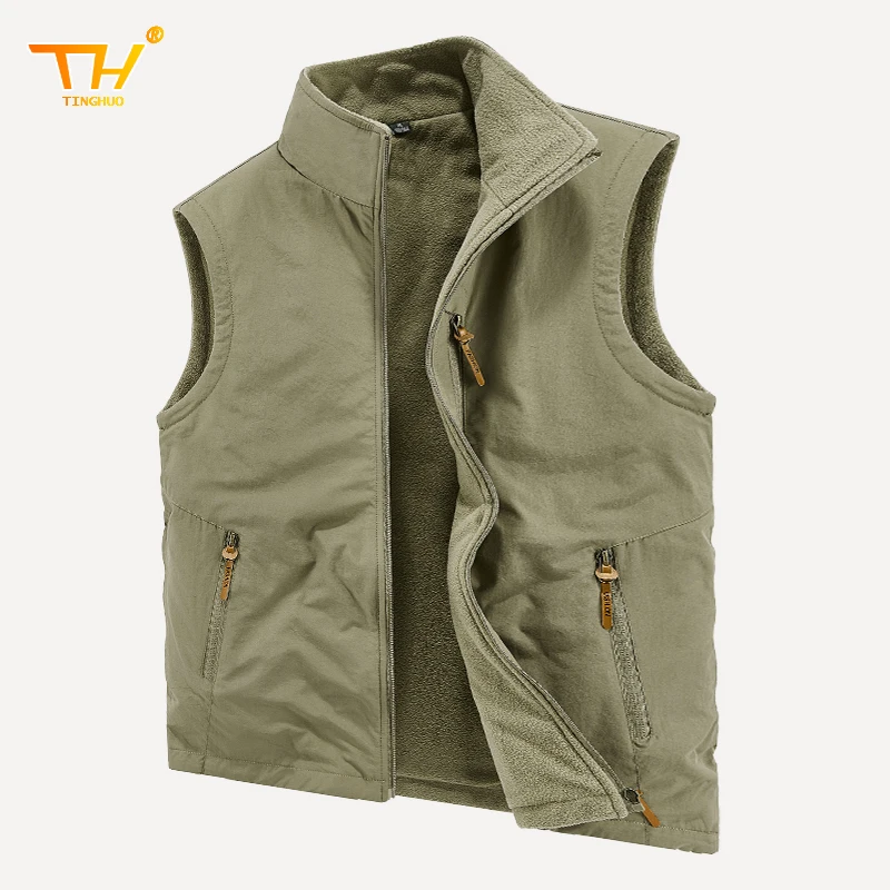 TINGHUO Herenvestjas Outdoor Mouwloos Vissersjack Heren Dikke fleece jacht- en campingvest