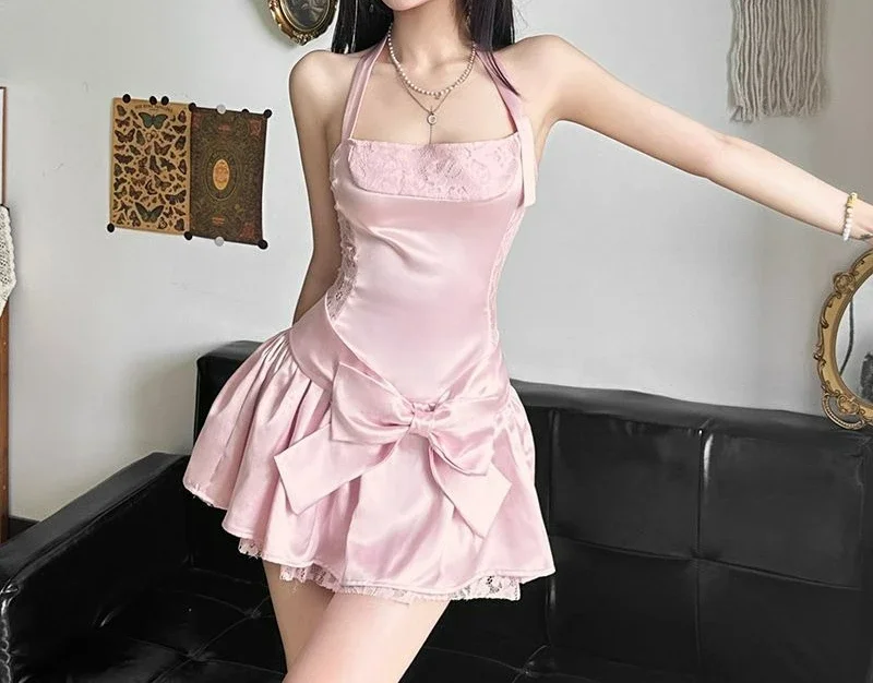 

2026 Summer New Princess Sweet Pink Hanging Neck Dress Women's Bow Waist Puffy Short Skirt