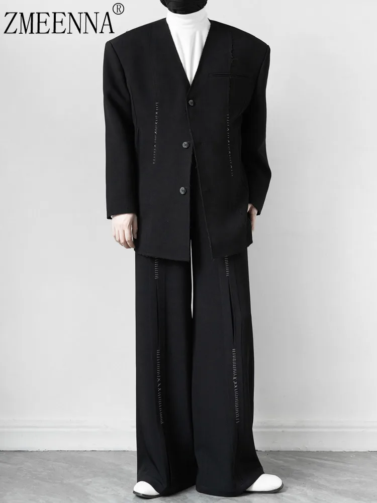 

ZMEENNA Womens Avant Garde Suit Set Oversized V Neck Blazer Wide Leg Trousers Stitch Detail Two Piece Outfits Black ZM4331