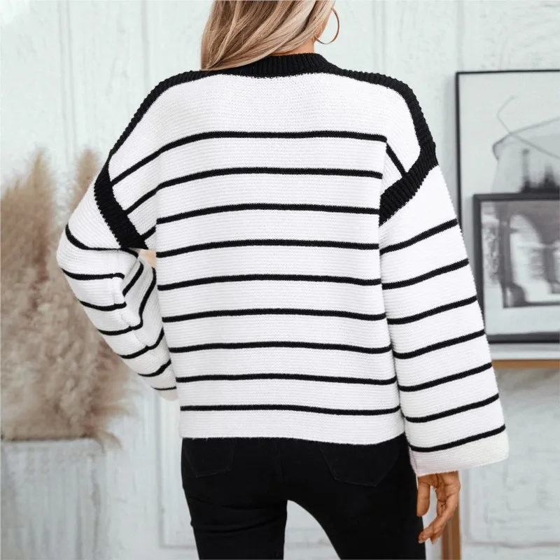 Maglione lavorato a maglia a maniche lunghe a righe bianche nere per l'autunno inverno da donna nuovo maglione pullover allentato girocollo Ropa Mujer
