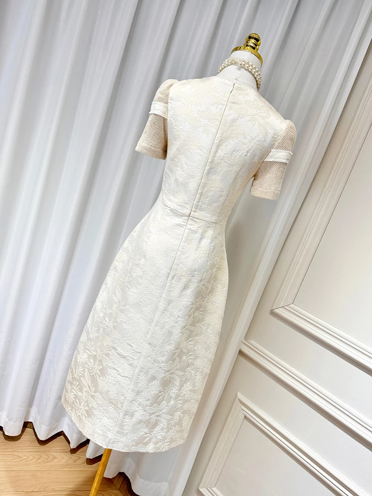 DEAT Women\'s Elegant Embroidery Flower Patchwork Dress New Models Short Sleeve Round Collar High Waist Female Dresses 15C397