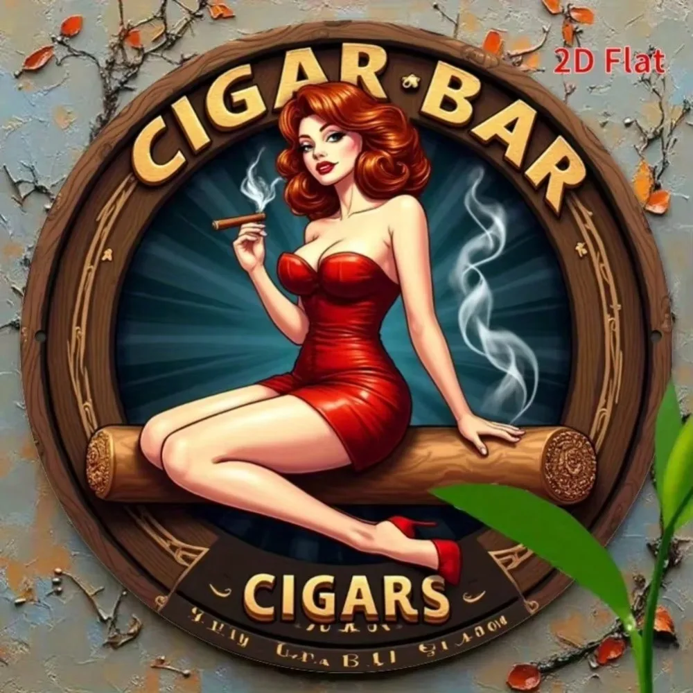 Vintage Pin-Up Cigar Bar Round Wooden Frame High-Definition Metal Tin Sign – 2D Flat Products Design with Enhanced Depth & Artis