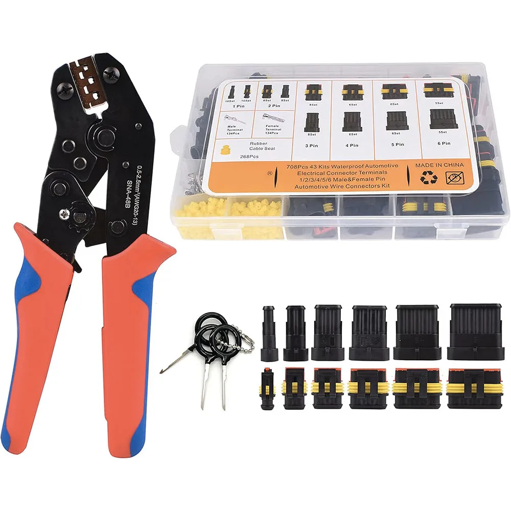 

712Pcs 43 kit waterproof automotive wire connector with ratchet crimping device, 1/2/3/4/5/6-pin automotive electrical connector