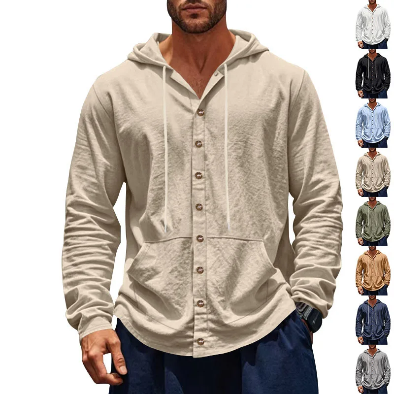 

Single Piece American Casual Style Spring and Autumn Linen Hooded Shirt for Men Loose Beach Long Sleeved Top