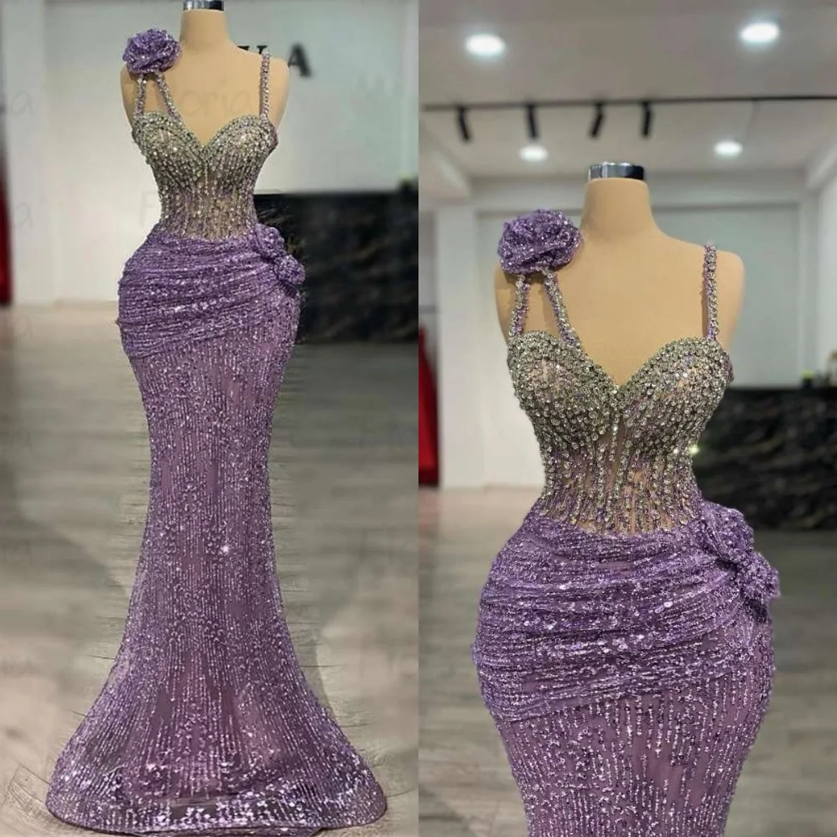 우아한 보라색 라일락 칵테일 이브닝 드레스 스팽글 스트랩 생일 파티 드레스 연인 구슬 레이스 댄스 파티 드레스 맞춤형