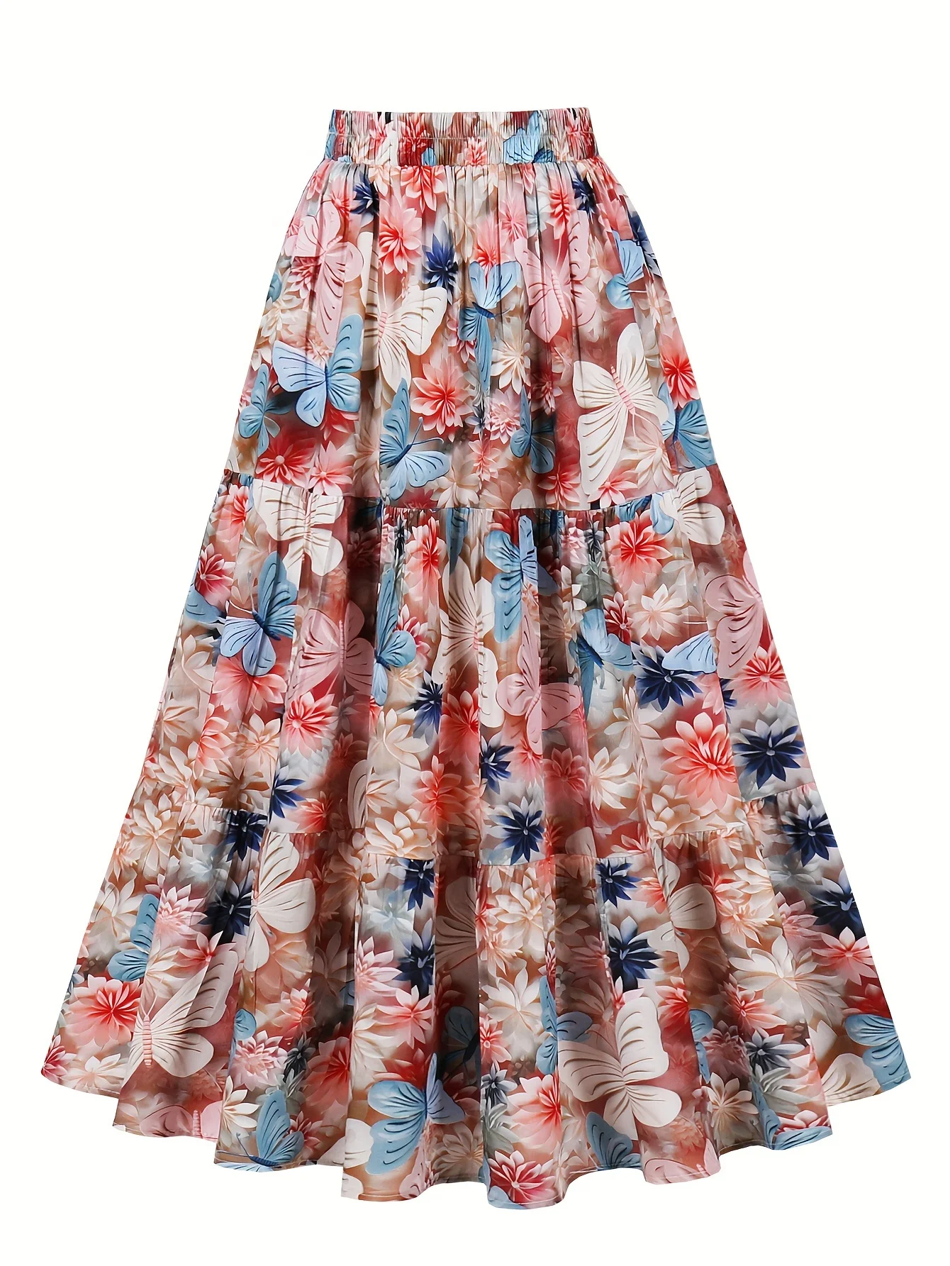 

Lovely butterfly and flower print three-section stitching skirt