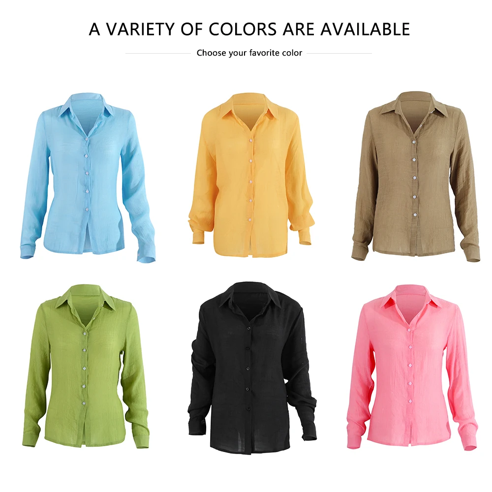 Womens Linen Blouses,Summer V Neck Roll up Sleeve Button Shirts,Trendy Casual Shirt of Women