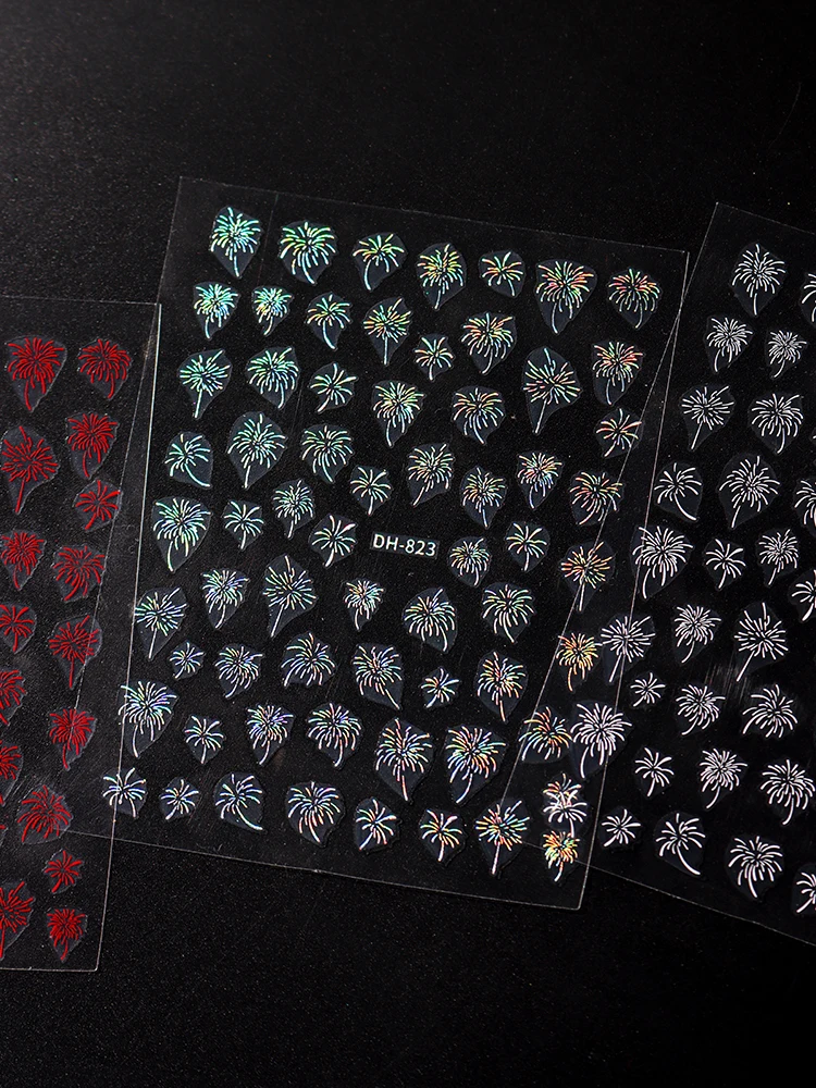 6 قطعة ملصقات الأظافر الألعاب النارية ، الذهب الأحمر الليزر تزهر الألعاب النارية نمط مسمار الشارات ثلاثية الأبعاد ذاتية اللصق مانيكير الزينة DIY بها بنفسك