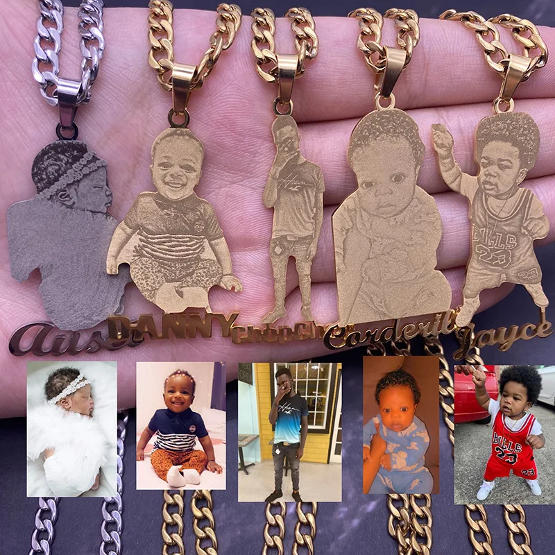 HIBODY Customized Photo Necklace 18K Gold Plated Carved Personalized Picture Pendant Necklace Customized Gift for Men and Women