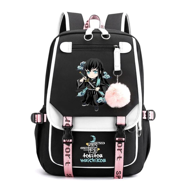 New Anime Tokitou Muichirou Pattern Backpack Street Cool Anime Backpack Large Capacity Zipper USB Backpack Travel Bag