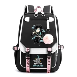 Anime Tokitou Muichirou Padrão Mochila, Street Cool Travel Bag, Grande Capacidade, Zipper, USB, Novo