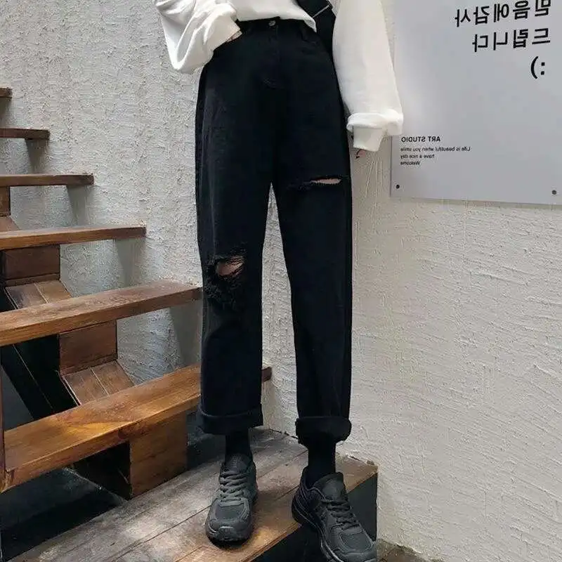 Women Jeans Black Elastic High Waist Denim Pants Streetwear Ripped Hole Straight Wide Leg Trousers With Pockets Woman Clothing