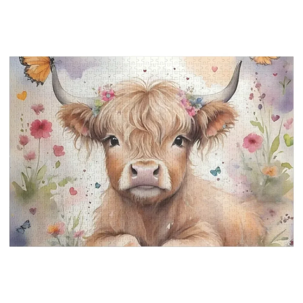 

Highland Cow Soft Wild Flowers Boho Jigsaw Puzzle Wood Name Children Puzzle