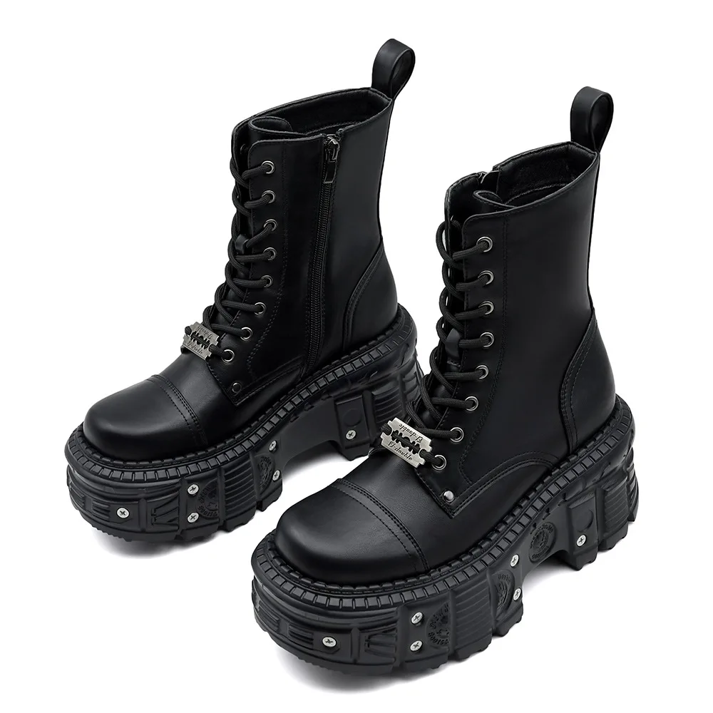 

Women's Black Leather Platform Ankle Boots Fashionable Boots with Chunky Lug Sole Studded Chain Accent Edgy Punk Footwear