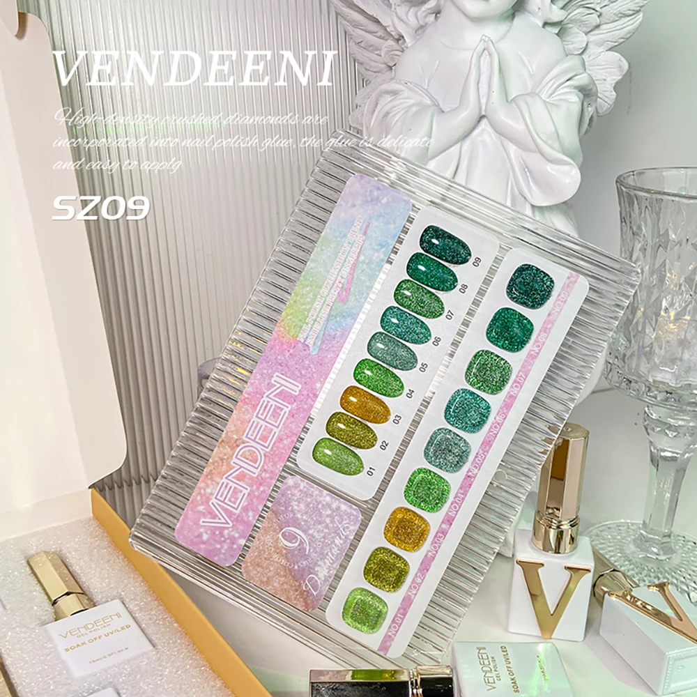 Vendeeni 9 Farben/Set Grüner Glitzer-Broken-Diamond-Gel-Nagellack TPO FREI Semi-Permanenter Glitzer-UV-LED-Gel-Lack mit Display – Detail 1
