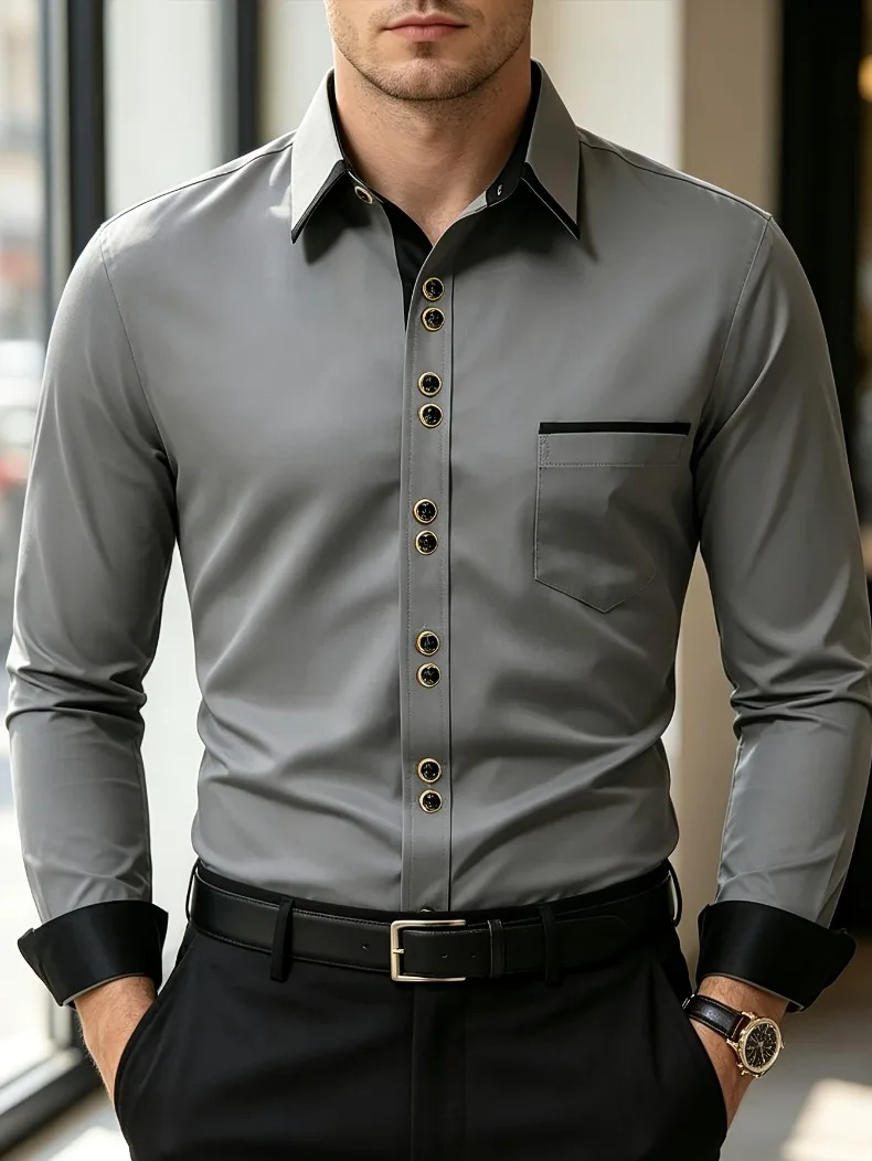 FGKKS Herrenhemd Brandneues Herren-Modehemd in Mehrfarbigem Patchwork-Design mit Langen Ärmeln und Elastischem Bund Smart Casual Männerhemd in Weiß – Detail 4