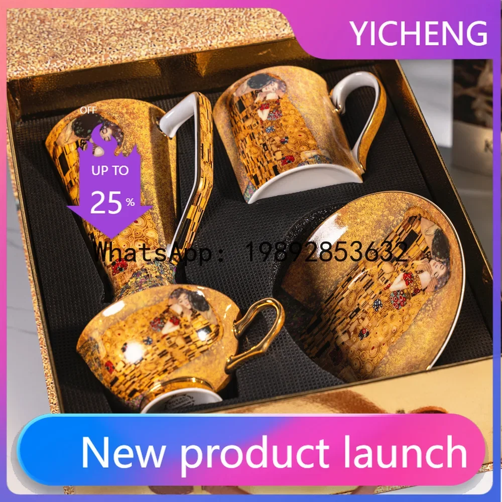 b20Gustav Klimt Kiss Bone China Mugs Coffee Cups Set Luxury Porcelain Tea Cup Water Mug with Exquisite Gift Box Best Gift