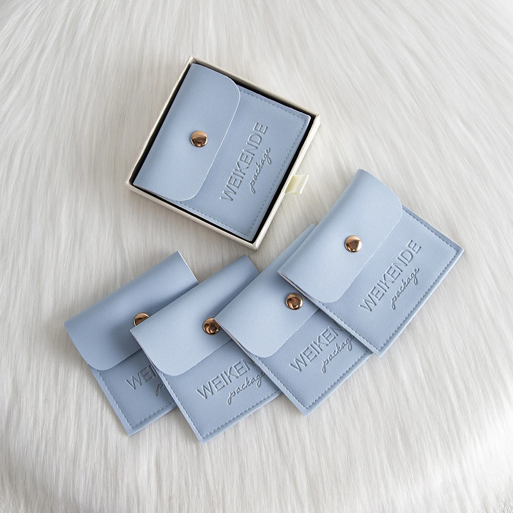 

6x6cm Mini Stud Earring Jewelry Pouch Custom Logo Portable Blue PU Leather Button Bags for Travel Accessories Storage Organizer