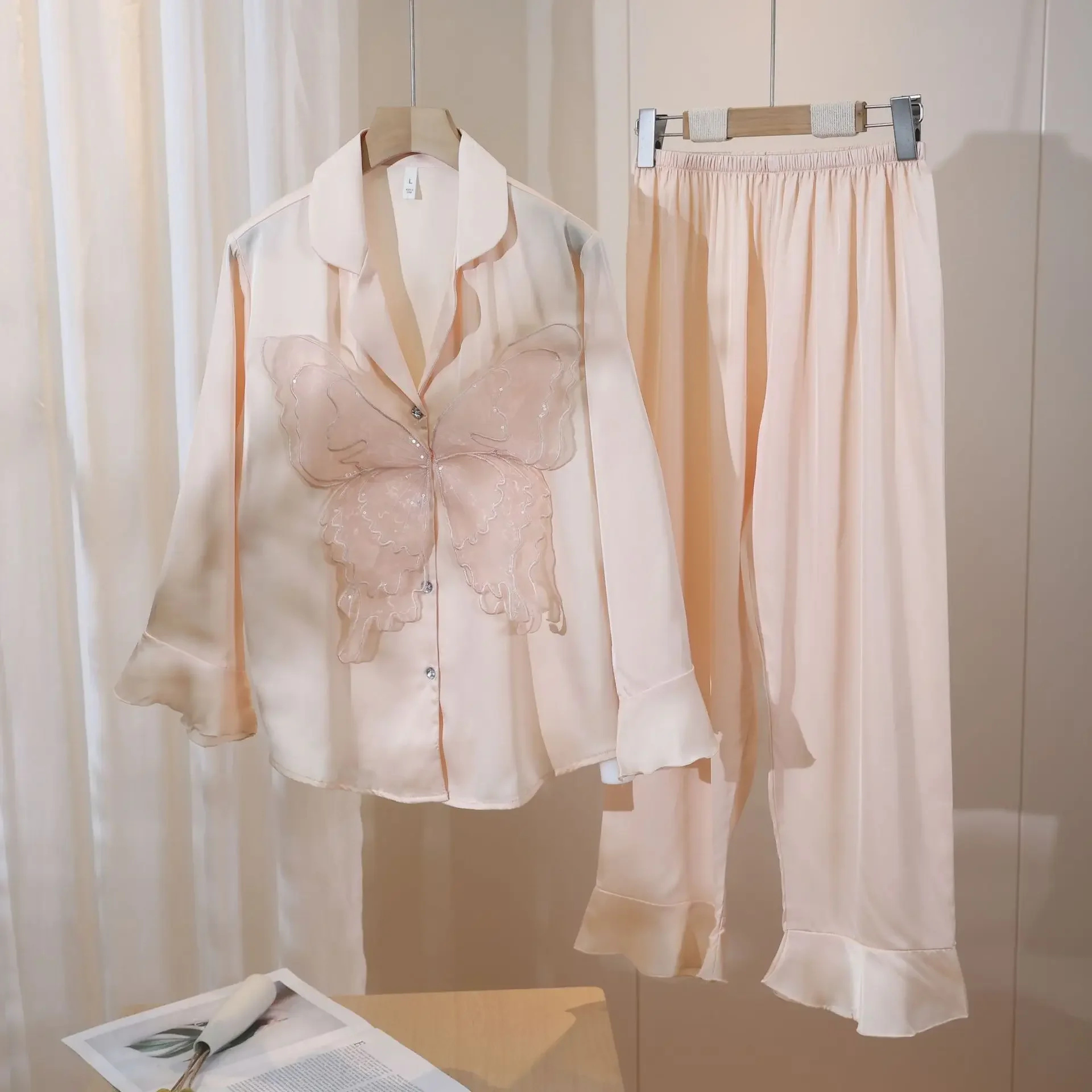 

Spring Autumn 2PCS Pajamas Set Loose Casual Satin Trouser Suit Pyjama Women Sleepwear Lounge Wear Sexy Pijamas Suit Lingerie