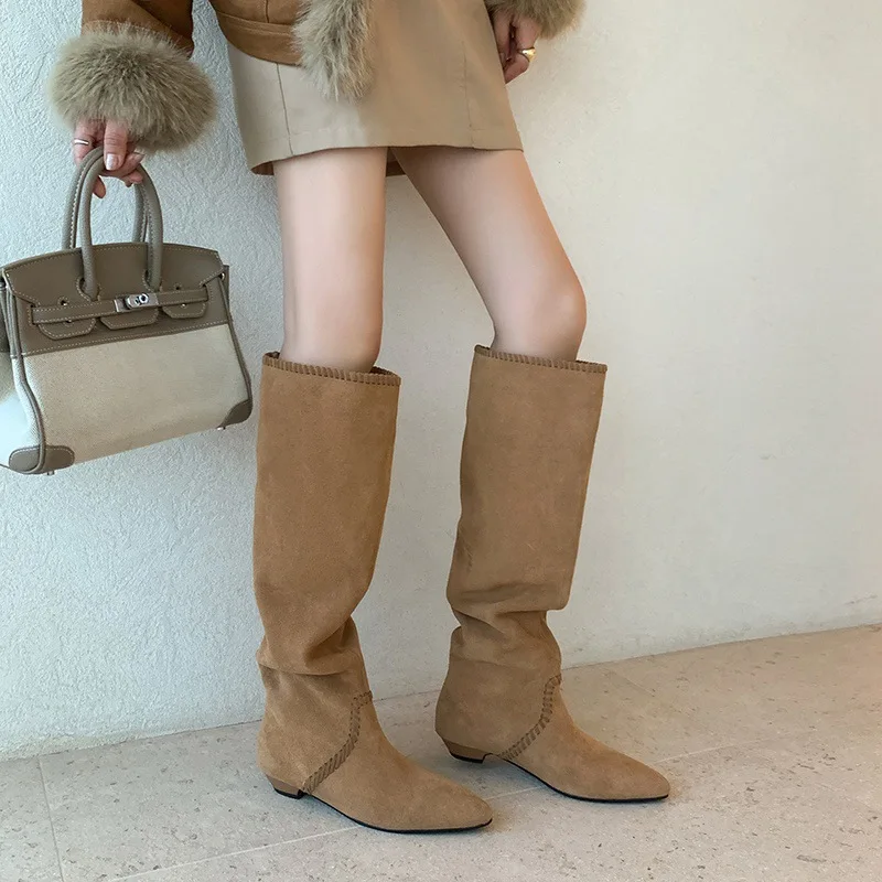 Arden Furtado الخريف البقرة المدبوغ مطوي الأحذية الغربية أشار تو الانزلاق على كعب منخفض حذاء برقبة للركبة حجم كبير الأحذية النسائية #2