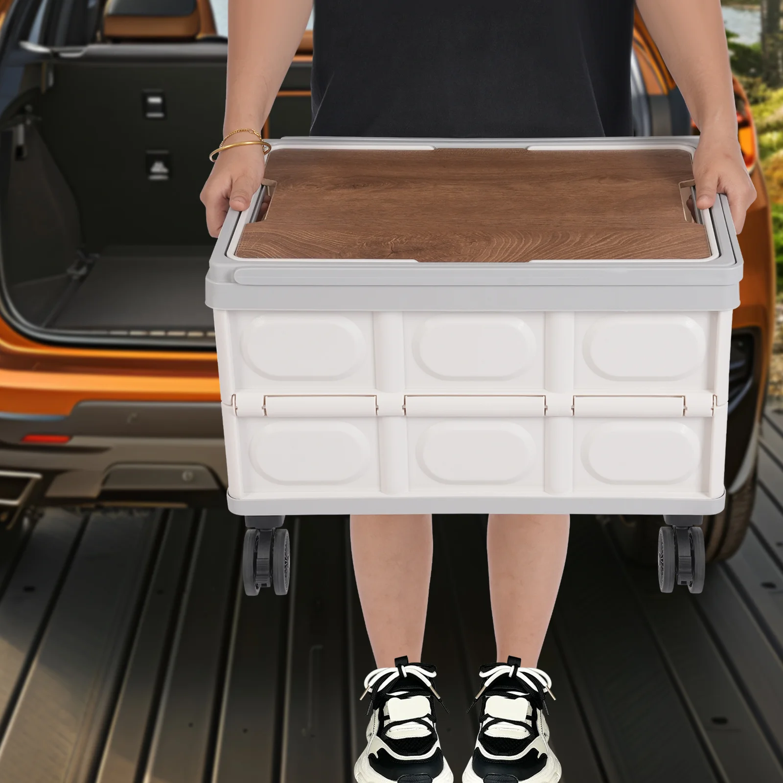 Складная тележка 55 л с поворотом на 360° °   Вращающиеся колеса и длинная ручка — серые, изготовленные из полипропилена, подходят для внутреннего и наружного использования, набор для пикника