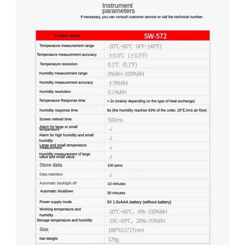 SNDWAY Digital Thermometer SW-572 High Precision Humidity & Temperature Sensor Meter Backlight Data Storage Thermo-Hygrometer