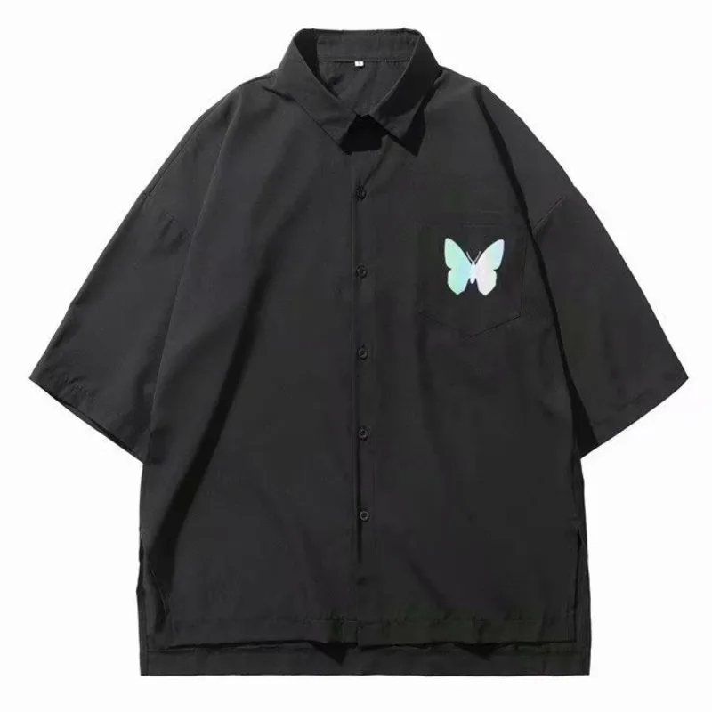 Reflective Shirt For Male Summer Preppy Loose Design Tops Luminous Butterfly Short Sleeve Blouse With Necktie Unisex Clothes