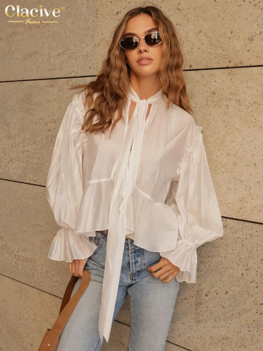 

Clacive Fashion Loose White Women's Shirt 2025 Casual Bow Collar Long Sleeve Shirts Elegant Classic Ruffle Tops Female Clothing