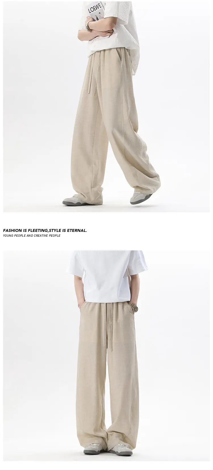 Herrenhose mit Kordelzug, elastischem Bund, weitem Bein, strukturiertem Stoff, locker geschnitten, gerade Hose für den Sommer, lässiges Alltagsoutfit. – Detail 4