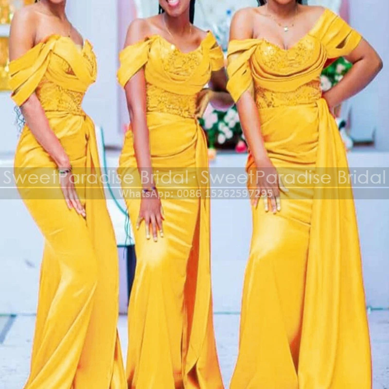 Gold Yellow Trumpet Long Bridesmaid Dresses Customized Pleat Mermaid Off Shoulder waistline Cap Party Dress Maid Of Honor