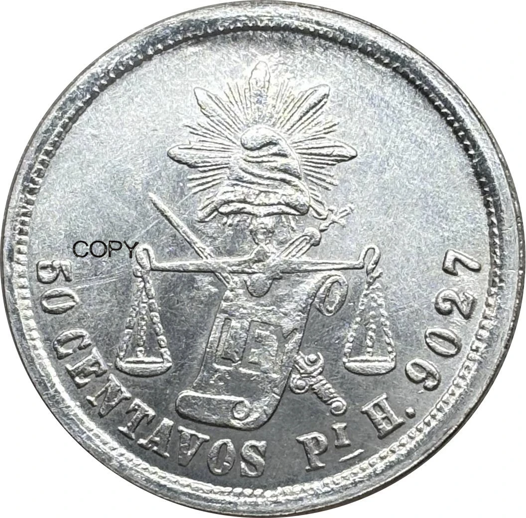 Moeda Comemorativa Réplica Banhada a Prata México República 1885 50 Centavos para Coleção