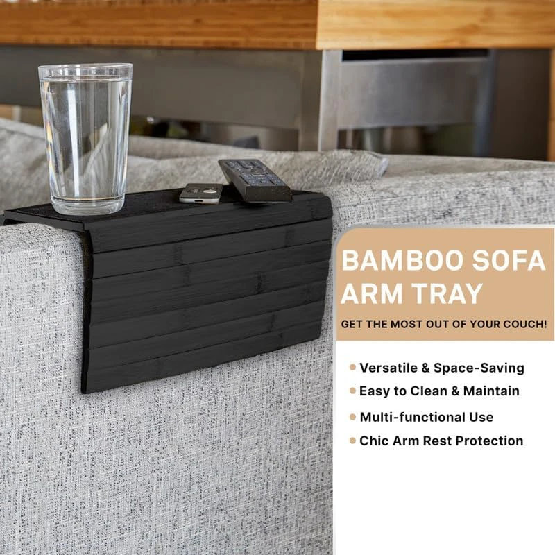 Foldable Bamboo Wood Sofa Arm Tray Table Drinks and Snacks Storage With Remote Control or Phone Holder for Couch Armrest