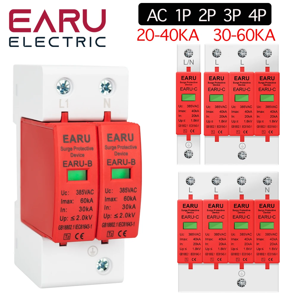 1pc AC SPD 1P 2P 3P 4P 20~40KA 30KA~60KA 385V House Lightning Surge Protector Protective Low-voltage Arrester Device OEM Factory