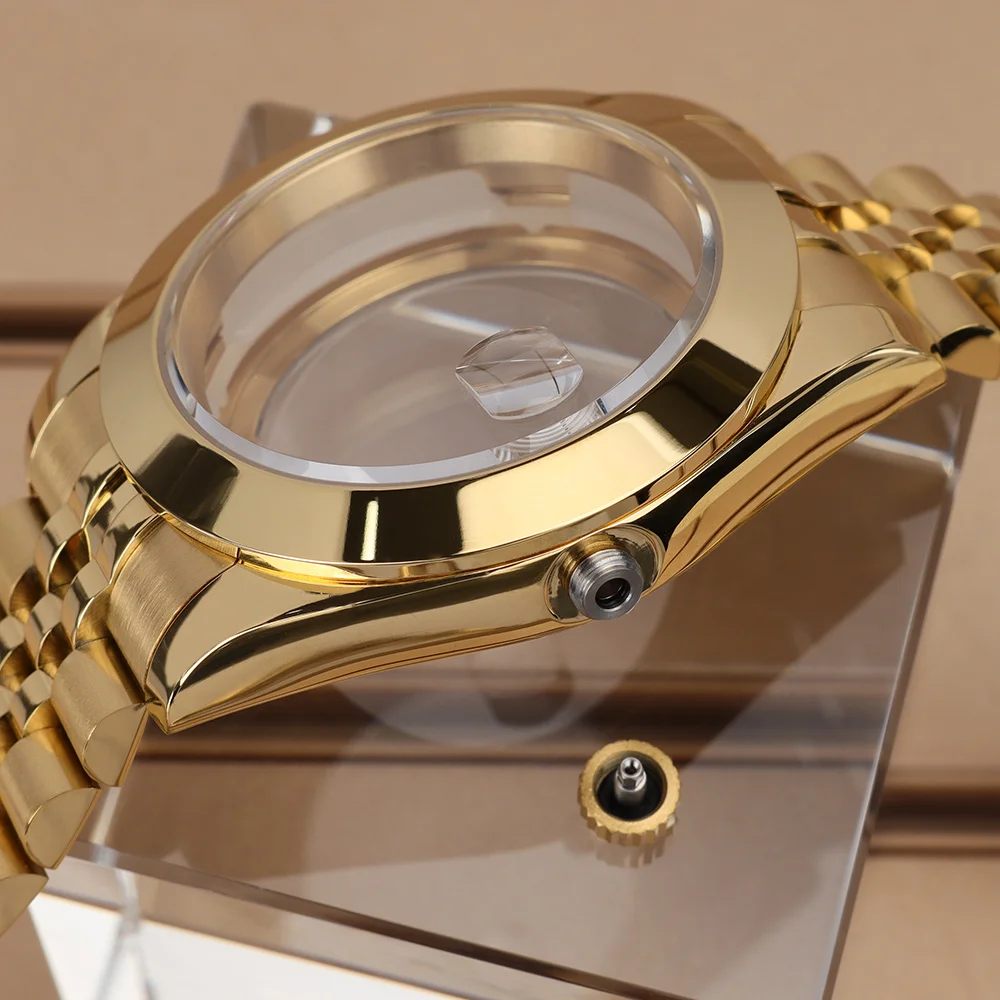 36mm/39mm Gold Watch Case Sapphire Glass For NH34 NH35 NH36 NH38 Miyota 8215 Movt Polished Oyster 316L Steel Solid Bottom Cover