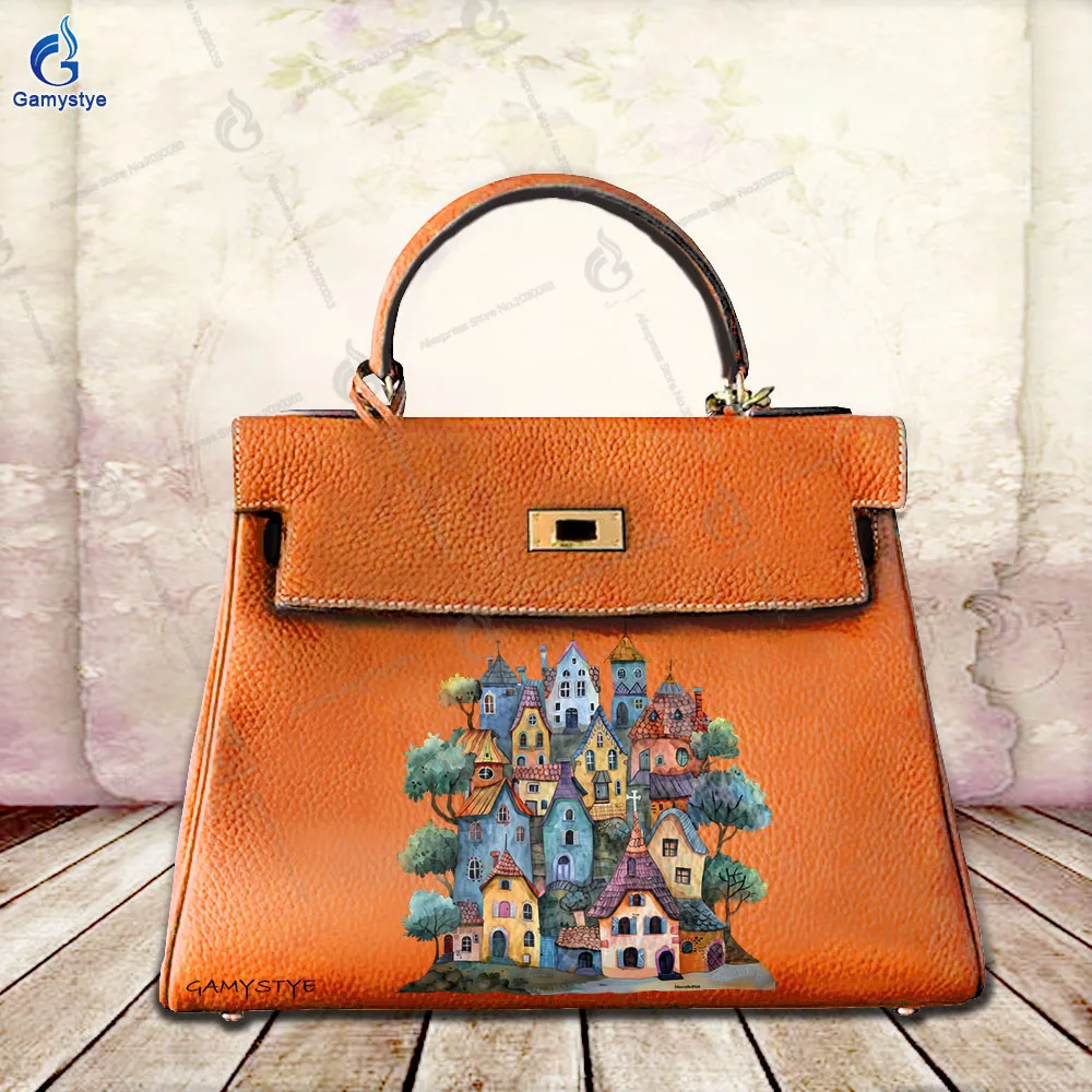 

Personalizar Bolso Сумки с художественным принтом Ручная работа с цветным рисунком дома Сумки на плечо из 100% воловьей кожи Sac De Luxe Femme Luxury