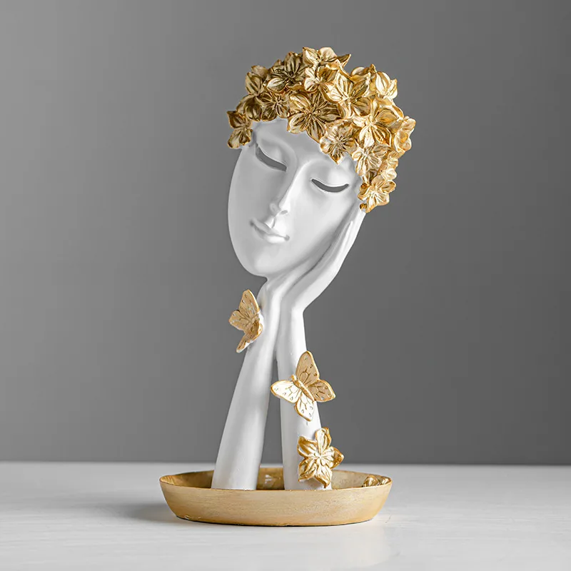 

1pc Resin Handicraft Golden Mask Figure Sculpture Abstract Face Girl Decorative Figurines Home Decoration Accessories