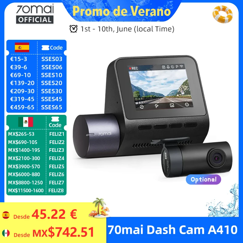 70mai Dash Cam A410 Delantero 1440P Trasero 1080P Coche DVR Actualizado Ver. de 70mai A400 Grabadora para automóvil Modo de estacionamiento 24H Soporte Máximo 256 GB