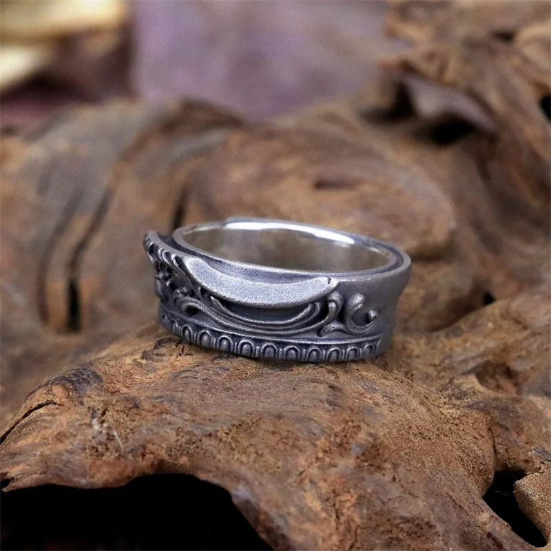 Vintage Carving Flower Crown Ring Male Jewelry Trendy 925 Silver Ring For Men Finger Accessories Adjustable