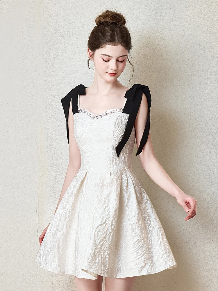 Mini vestido de fiesta de retazos en blanco y negro para mujer, vestido de noche con lazo sin mangas y cordones, ropa de calle sencilla, vestidos de novia de corte a
