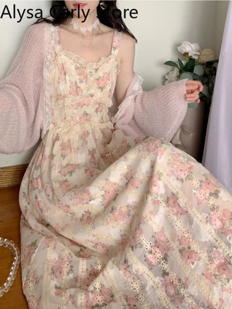 Chiffon Lace Strap Dress Women Floral Embroidery Fairy Vintage Long Dress Female Sweet Princess Casual Party Dresses 2022 Summer