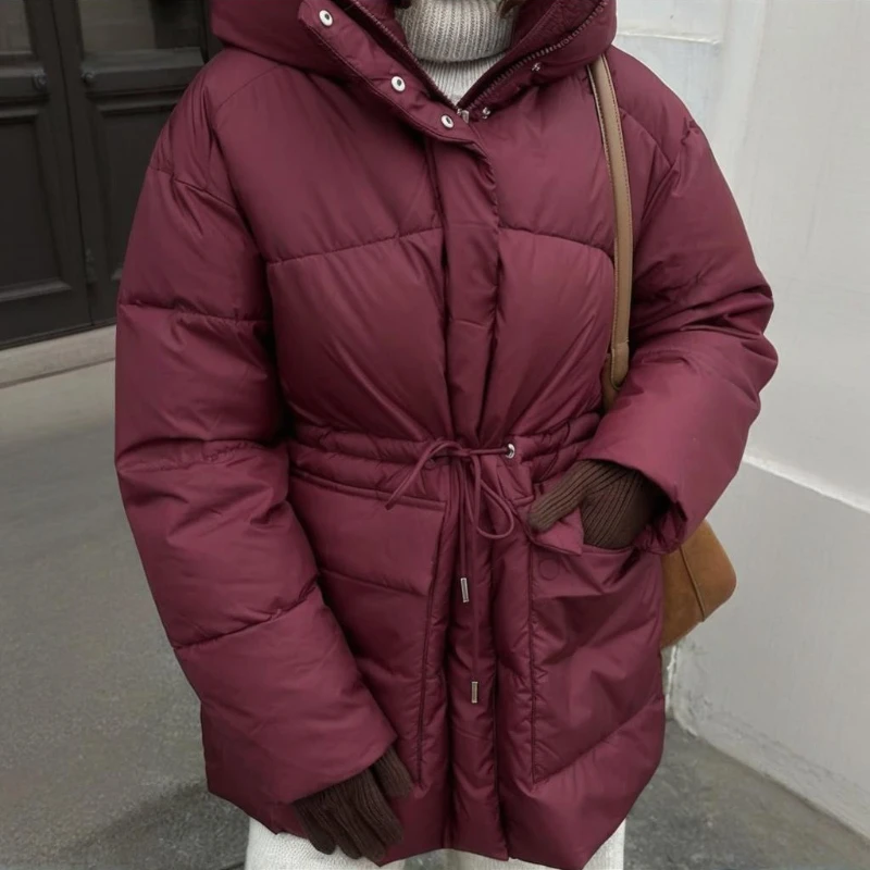 TARUXY Hooded Tie-Waist Padded Jacket Women's Casual Pocket Zipper Puffer Warm Cotton Down Jacket Loose 2025 Winter New Coat
