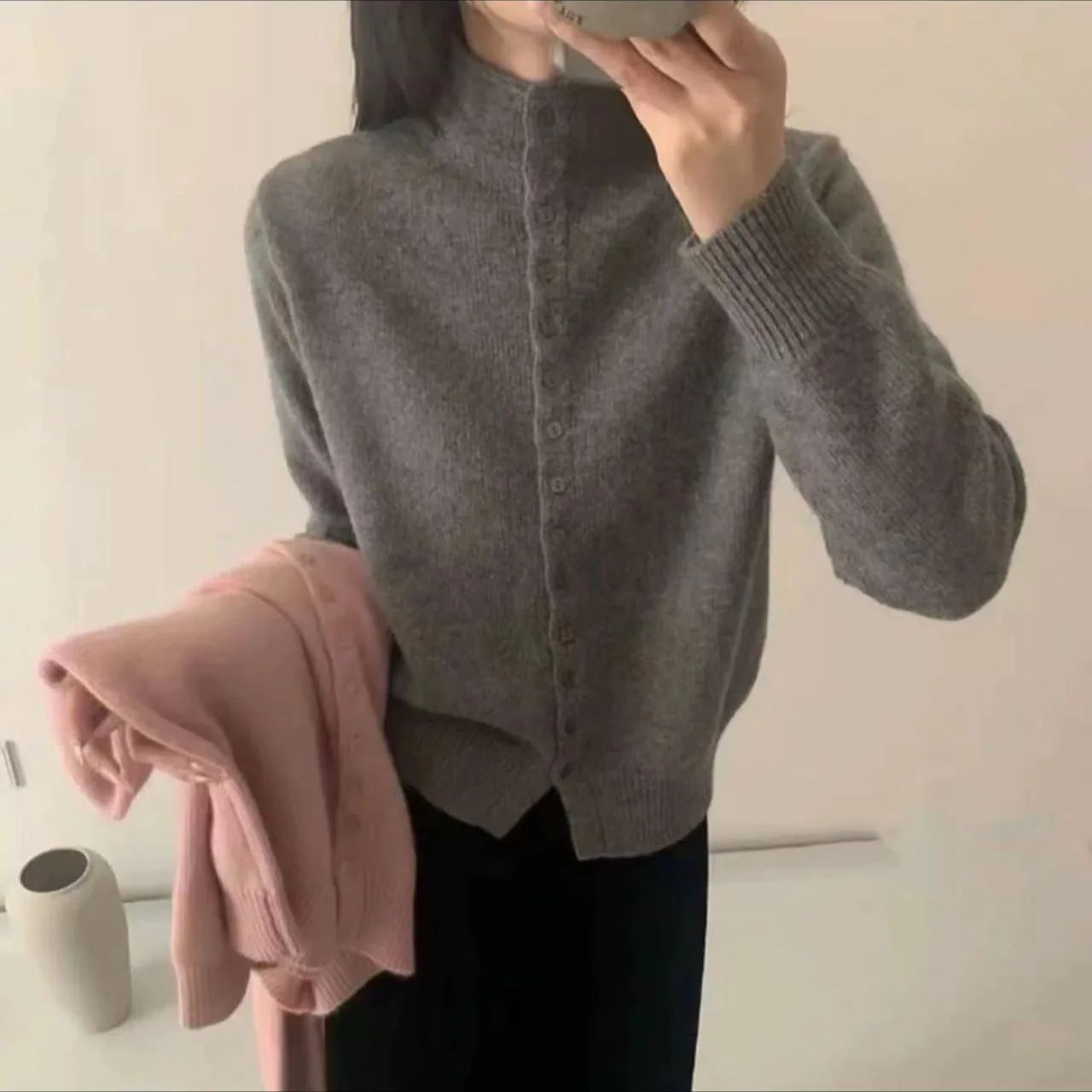 

Long Sleeve Knitted Open Cardigan Fashionable Lazy Single Button Casual Sweater Autumn Winter Korean Style Pure Color Red