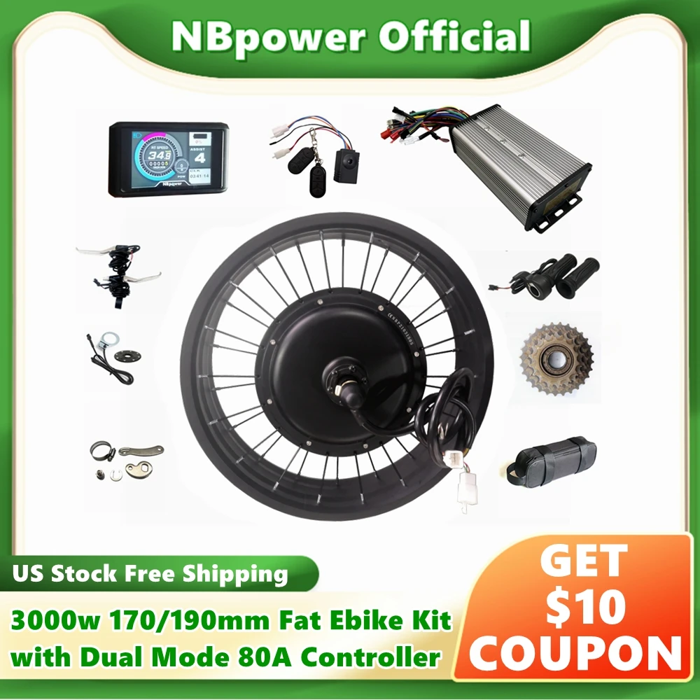 US Stock NBpower 170mm/190mm Dropout 72v 3000W Rear Motor Kit Sine Wave Dual Mode Controller Electric Fat Bike Conversion Kit